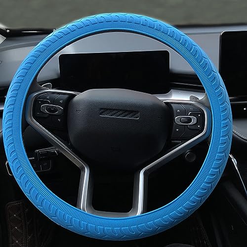 Universal Blue Steering Wheel Cover：13.5 to 15 Inches Stretchable Silicone Anti Skid Steering Wheel Protector Fit for Most Car Models Including Round D Shape or Special Shape - color: Blue