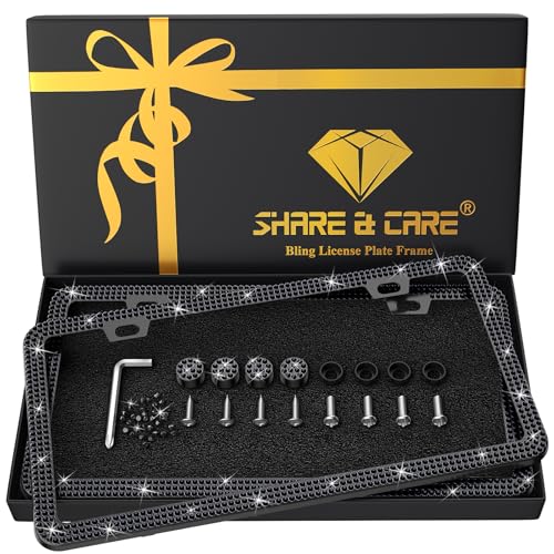 SHARE&CARE Bling License Plate Frame, Crystal License Plate Cover, Car License Plate Holder with Rhinestone Screw Set, Women Gift for Mom, Wife, Her - 2 Pack (Black-gi) - color: Black-gi