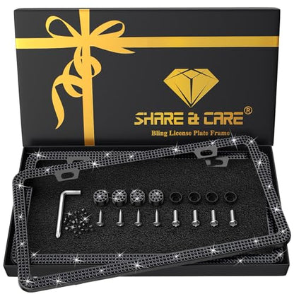 SHARE&CARE Bling License Plate Frame, Crystal License Plate Cover, Car License Plate Holder with Rhinestone Screw Set, Women Gift for Mom, Wife, Her - 2 Pack (Black-gi) - color: Black-gi