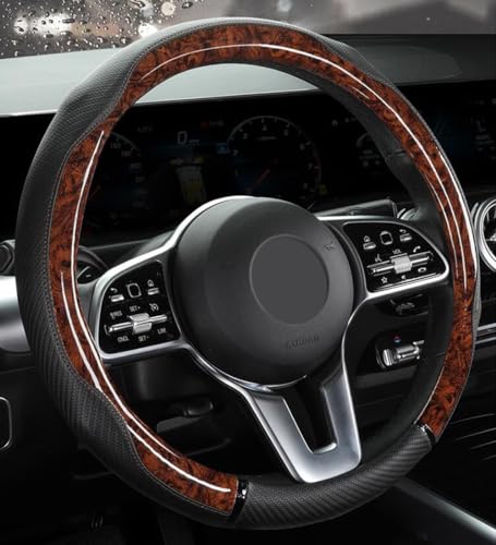 Peach Wood Grain Steering Wheel Cover Anti-Slip Breathable Durable Leather Four Seasons Universal 15 Inch Car Wrap Cover (Coffee) - color: Coffee
