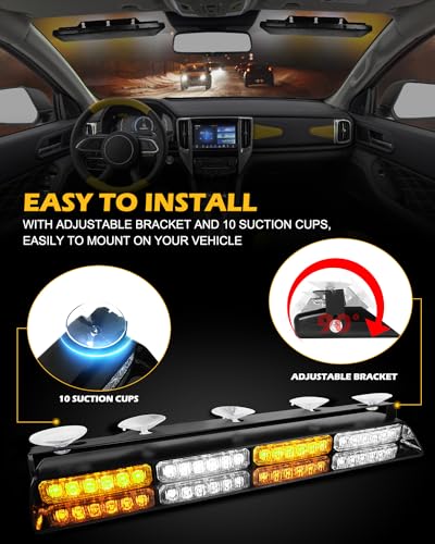 HLauto 604N Emergency Dash Strobe Lights: 2x16.8 inch Amber White Security Light w/Take Down, 48 LED Safety Flashing Warning Hazard Interior Windshield Light Bar for Truck Vehicle - color: #01 Amber / White