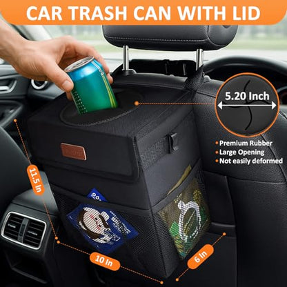 Vankor 3 Gallons Car Trash Can with Lid, Bag Bin Hanging Waterproof Automotive Car Garbage Cans Leak Proof Vehicle Trash Can Black - color: Black, size: 3 Gallons