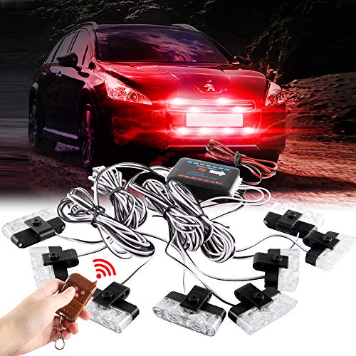 Red 16LED Grille Strobe Lights Dash Deck Visor Police Flash Lights Car Truck Ambulance Emergency Warning Strobe Lights With Remote Control Wireless 12V - color: red, size: 8 in 1