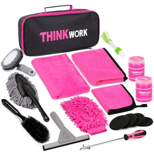 THINKWORK Pink Car Detailing Cleaning Kit, Car Wash Kit, Car Accessories for Women Suitable for Small and Medium Vehicles Such As Cars, Trucks, Suvs(17pcs) - color: Pink