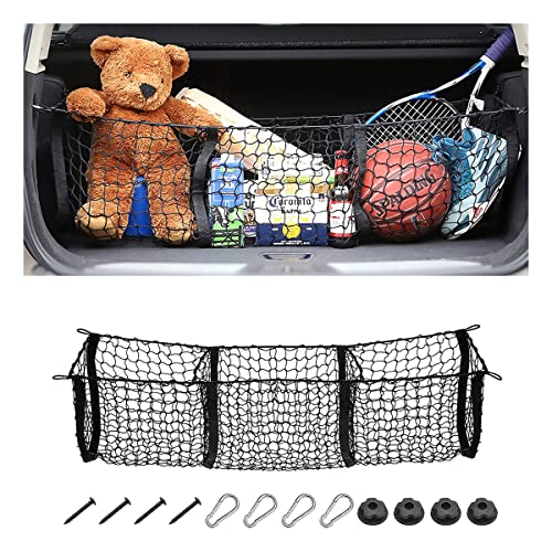 Cargo Net for Car, Expandable 3 Pocket Heavy-Duty Cargo Net Organizer, Black Mesh Storage Pocket with 4 Metal Carabiners Universal for Car, SUV, Pickup Truck, Van Trunk Bed - color: 43.3" x 11.8"/Black