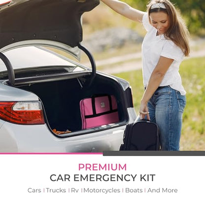 Car Emergency Kit with Air Compressor, Jumper Cables, First Aid, Tow Strap, Tire Gauge, Headlamp – Roadside Safety Kit for Women, Men, Teens (Pink) - color: Pink