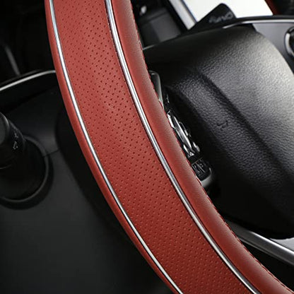 ALEMODR Claret Leather Steering Wheel Cover Fiber Strip Car Steering Wheel Cover Universal 15 inch for Women Girls - color: Claret