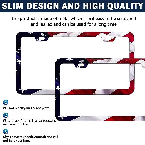 LIN KANG Patriotic American Flag License Plate Frame Holder - 2 Pack Universal Aluminum Matte Stripe US Flag Gloss Car Plate Frame Covers with 2 Holes and Screws Fasteners Caps - color: Matte American flag Narrow side E
