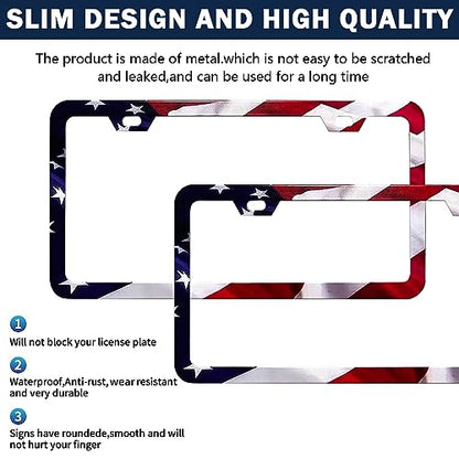 LIN KANG Patriotic American Flag License Plate Frame Holder - 2 Pack Universal Aluminum Matte Stripe US Flag Gloss Car Plate Frame Covers with 2 Holes and Screws Fasteners Caps - color: Matte American flag Narrow side E