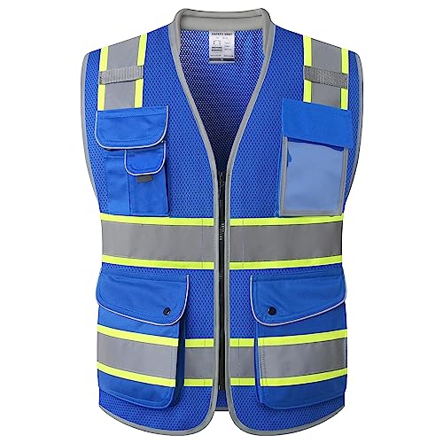 JKSafety 9 Pockets Hi-Vis Safety Vest Breathable Mesh Fabric Cushioned Collar Work Utility PPE Lightweight Industrial Work Gear ANSI/ISEA compliant (101-Blue M) - color: Jk101-blue, size: Medium