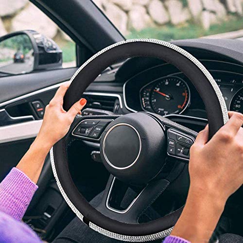 Diamond Leather Steering Wheel Cover with Bling Bling Crystal Rhinestones,Large-Size of 15 1/2 inches-16 inches Black - color: Black with White Diamonds, size: Large Size[15"1/2-16"]