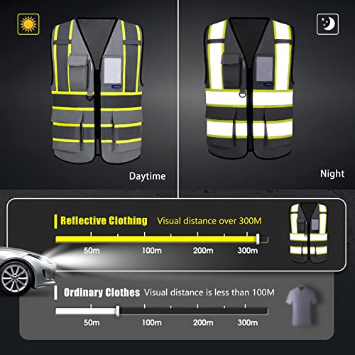 AYKRM Security Vest for Men Women 7 Pockets High Visibility Reflective Safety Vest Front Zipper Meets ANSI/ISEA - color: Grey-manage, size: XX-Large