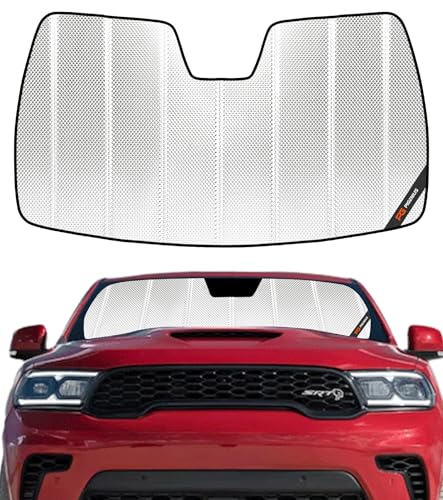Pigenius Windshield Sun Shade for Dodge Durango 2021-2025. Reflective Aluminum Film Front Window Sunshade - BLAZBLOCK - color: Shiny Silver, size: 2021-2026 Durango