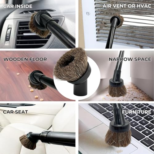 1.25 Inch Premium Soft Horse Hair Vacuum Brush Plus Vacuum Hose Adapter Kit Compatible with Shop Vac Hose 2-1/2'' & 1-1/4'' - Vacuum Attachment for Car Detailing, Furniture & Baseboards