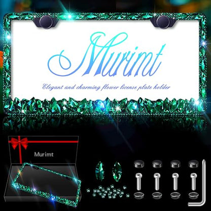 Green Rhinestone License Plate Frames Sparkly Glitter Bedazzled License Plate Frame Bling License Plate Holder Cover - High End Gift Box Packaging Bling Car Accessories for Women - color: CPJ-03-green 1pack