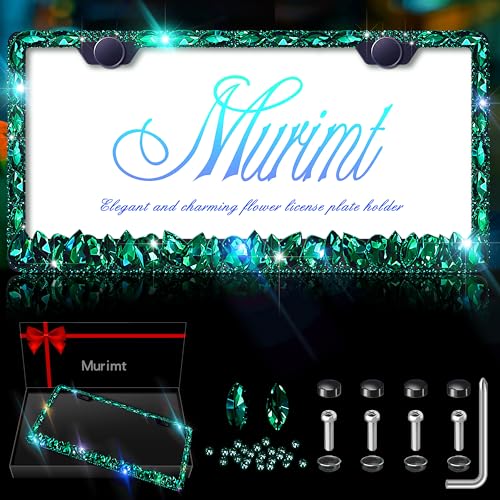 Green Rhinestone License Plate Frames Sparkly Glitter Bedazzled License Plate Frame Bling License Plate Holder Cover - High End Gift Box Packaging Bling Car Accessories for Women - color: CPJ-03-green 1pack