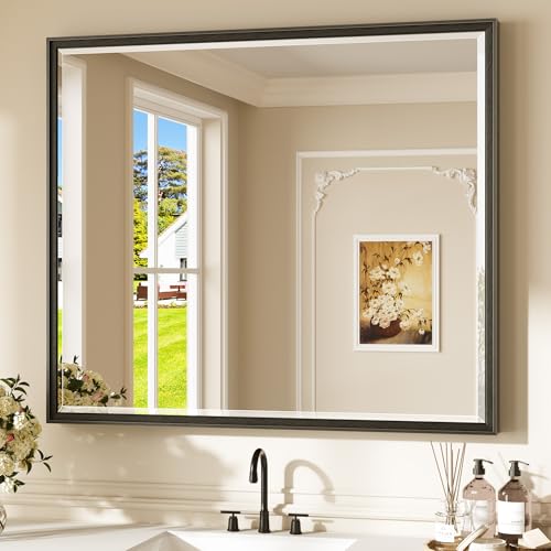 Keonjinn 42" x 36" Black Bathroom Vanity Mirror, Brushed Black Metal Framed Mirrors for Wall, Tempered Glass Beveled Edge, Shatterproof, Rectangular Modern Farmhouse Mirror for Dining Room, Hallway - color: Black, size: 36"L x 42"W