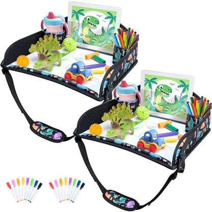 2Pcs Kids Travel Tray for Toddler Carseat, Road Trip Activities Essentials for Toddler, Kids Lap Desk Tray with Tablet Holder Stand ＆ Dry Erase Board (Dinosaur-2Pcs) - color: Dinosaur-2Pcs