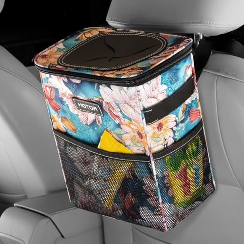 HOTOR Car Trash Can with Lid and Storage Pockets - 100% Leak-Proof Organizer, Waterproof Garbage Can, Multipurpose Trash Bin for Car, 2 Gallons, Blue Flower - color: S1 Printed Blue Flower, size: 2 Gallons