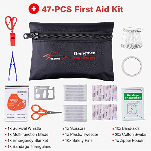 Vetoos Car Roadside Emergency Kit with Jumper Cables, Auto Vehicle Safety Road Side Assistance Kits, Winter Car Kit for Women and Men, with Portable Air Compressor, Tow Rope, Multitool Plier - style: Essential Kit + Air Compressor