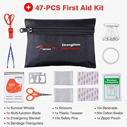 Vetoos Car Roadside Emergency Kit with Jumper Cables, Auto Vehicle Safety Road Side Assistance Kits, Winter Car Kit for Women and Men, with Portable Air Compressor, Tow Rope, Multitool Plier - style: Essential Kit + Air Compressor