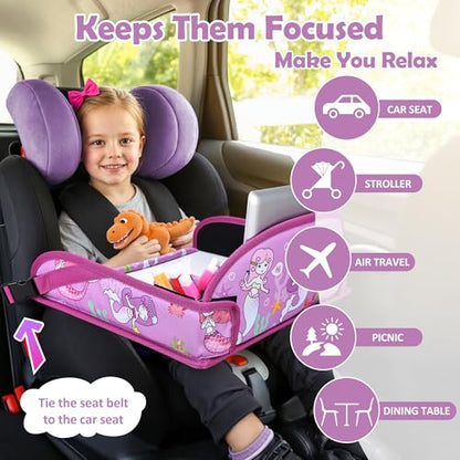 Kids Travel Tray for Toddler Carseat, Road Trip Activities Essentials for Toddler, Kids Lap Desk Tray with Tablet Holder Stand ＆ Dry Erase Board (Mermaid) - color: Mermaid