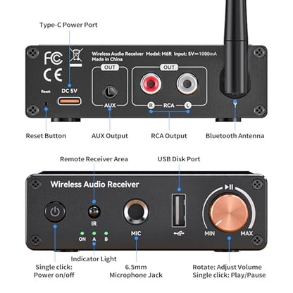 M6R Bluetooth 6.0 Receiver Audio Receivers Support Microphone Singing U Disk Playback Infrared Remote Control Dual Output,for Old Stereo/Speakers/Wired Speakers/Home Audio Music Streaming Etc - color: M6R