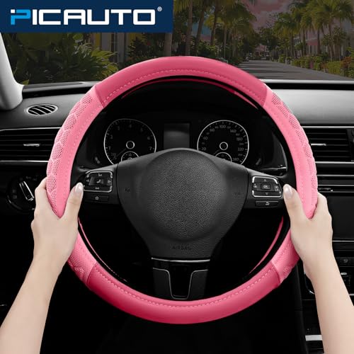 PIC AUTO Massage Steering Wheel Cover, Pink Football Pattern Material Spliced & Hotpink Leather Car Steering Wheel Cover, Car Steering Cover, Universal Fit 14.5"-15.5" for Cars, Trucks, Van, SUVs - color: Hotpink