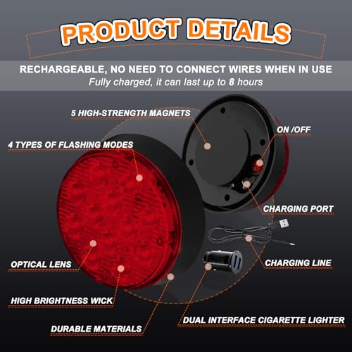 2PCS Magnetic Red Strobe Lights for Trucks, Rechargeable Flashing Lights for Vehicles, LED Red Beacon Magnetic Trailer Lights Portable Emergency Safety Warning Lights Wireless Strobe Lights - color: Red-Round Shape