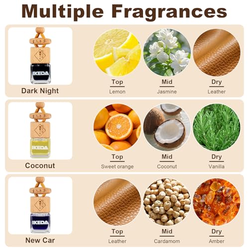 Ikeda Car Air Freshener, Hanging Essential Oil Diffuser For Automotive, 45+ days Long Lasting Fragrance, Includes: Dark Night and Coconut and New Car (10ml Pack of 3)