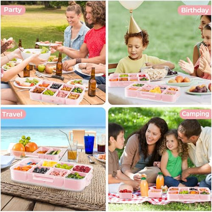 LUXEAR 2Pack 8-Compartment Divided Serving Tray with Lid and Handle - Airtight Leakproof Snackle Box Charcuterie Container for Fridge, Picnic, Party, Travel - BPA-Free Dishwasher Safe(Pink) - size: 2pack Pink
