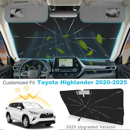 Windshield Sun Shade Umbrella Custom Fit for Toyota Highlander 2020-2025 2026 Foldable UV Protection Car Cover, Emergency Rain Shield & Dashboard Protector - Durable Auto Accessory - size: For Toyota Highlander 2020+