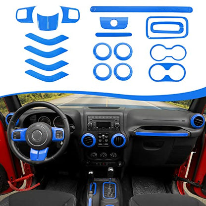 CheroCar 18PCS Interior Trim Kit for Jeep Wrangler JK JKU 2011-2018 4 Door,Steering Button Frame, Air Conditioning Vent Trim Cup Holder Cover,Gear Shift Knobs Frame,Blue… - color: Blue