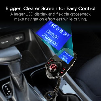 ONN Upgraded 2026 Bluetooth Car FM Transmitter, 1.44” LCD Display, Flexible Gooseneck, Hands-Free Calling, Dual USB Fast Charger, AUX & Micro SD Support for Cars, SUVs & Trucks