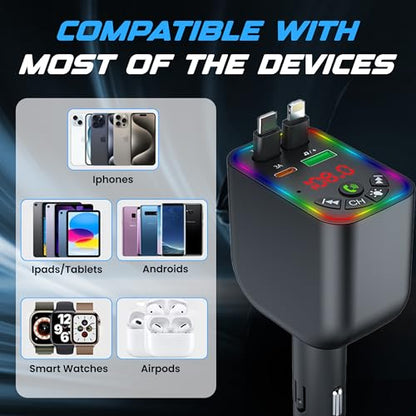 Bluetooth 5.3 Car FM Transmitter with 120W Max Power, Retractable Cables (80cm), Digital Display, Hands-Free Calling, Noise Canceling, and Dual Device Charging