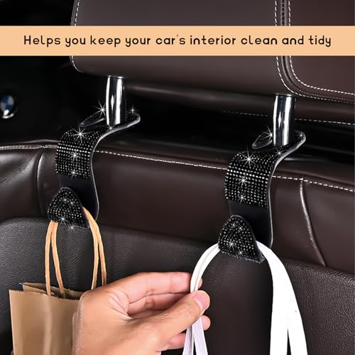 4 PCS Car Seat Headrest Hooks, Bling Rhinestone Purse Hook Vehicle Back Seat Hanger, Sparkling Crystal Headrest Hangers Storage Organizer for Grocery Bag Handbag Coats (Black)