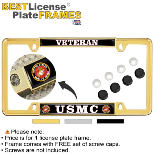 [Officially Licensed US Marine Corps Product] - USMC Veteran - Domed Custom-Made Personalized Narrow (Thin) Top 4 Hole Metal Car License Plate Frame with Free caps - Gold Frame (Qty: 1) - color: Gold - Style 1