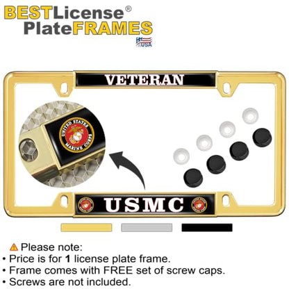 [Officially Licensed US Marine Corps Product] - USMC Veteran - Domed Custom-Made Personalized Narrow (Thin) Top 4 Hole Metal Car License Plate Frame with Free caps - Gold Frame (Qty: 1) - color: Gold - Style 1