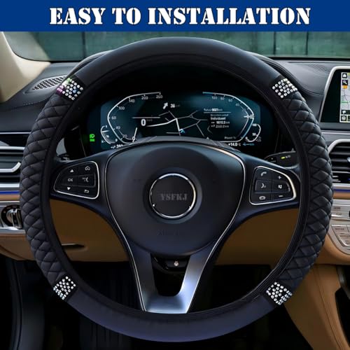 Soft Leather Car Steering Wheel Cover, Universal 15 Inch Colorful Rhinestones Anti-Slip Elastic Steering Wheel Covers for Most Cars, Sparkly Crystal Diamond for Women Girls (Black) - color: Black