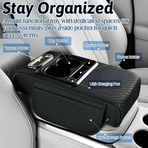 Car Armrest Box Mat - Multi-Functional Black Leather Center Console Cover Waterproof Height Enhancement Cushion with Storage Box Cup Tissue Phone Holder Card Pocket for Car Interior Accessory