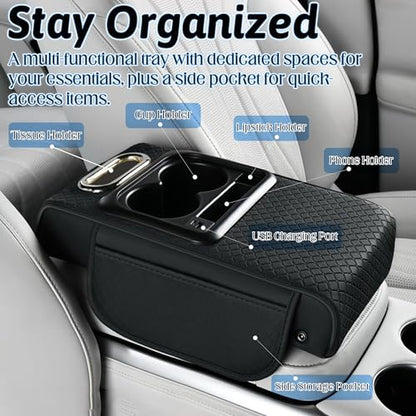 Car Armrest Box Mat - Multi-Functional Black Leather Center Console Cover Waterproof Height Enhancement Cushion with Storage Box Cup Tissue Phone Holder Card Pocket for Car Interior Accessory