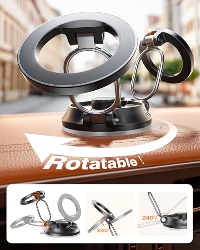 【2026 Newest】SUPERONE for Magsafe Car Mount Suction Cup,【Strongest Suction, 70% Less Spcae】Magnetic Car Phone Holder, Vacuum Phone Mount Foldable Car Accessories for iPhone 17 Pro Max/16/15/14/13/12 - color: Black