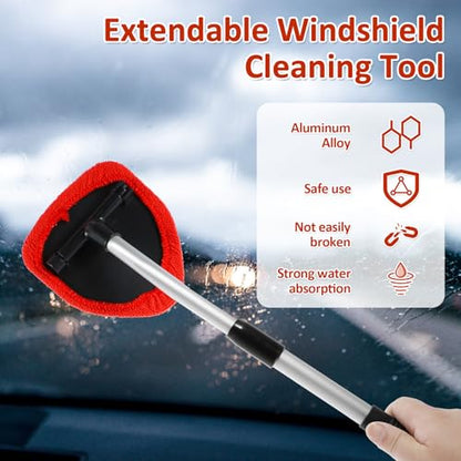 Windshield Cleaning Tool, Car Window Cleaner with Extendable Long Handle and 4 Washable Reusable Microfiber Pads and Spray Bottle, Auto Interior Exterior Glass Wiper Kit Supplies (Red) - color: Red