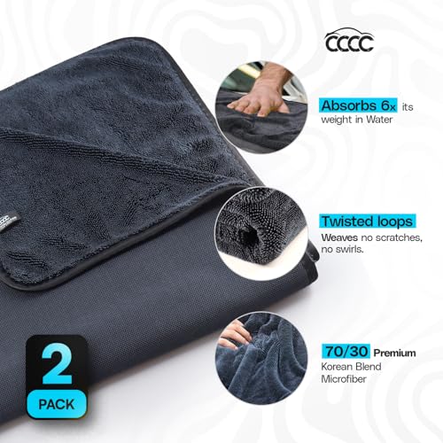 Crystal Clean Single-Sided Pack of 2 XL (28x36) Car Drying Towel – Korean Microfiber Towel with Double Twisted Loop, Professional Drying Towel for Car Detailing - Quick Dry, Paint Safe & Swirl-Free - color: 2 Pack Dark Grey