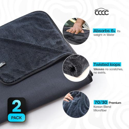 Crystal Clean Single-Sided Pack of 2 XL (28x36) Car Drying Towel – Korean Microfiber Towel with Double Twisted Loop, Professional Drying Towel for Car Detailing - Quick Dry, Paint Safe & Swirl-Free - color: 2 Pack Dark Grey