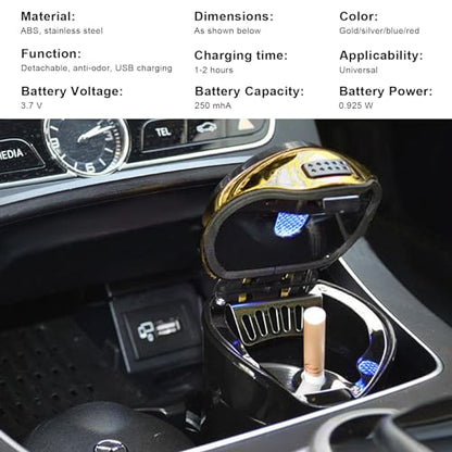 Car Ashtray with Lid, Detachable USB Rechargeable Auto Cigarette Lighter with Blue LED Light, Portable Smell Proof Stainless Car Ash Tray, Mini Automotive Trash Can (Golden) - color: Golden