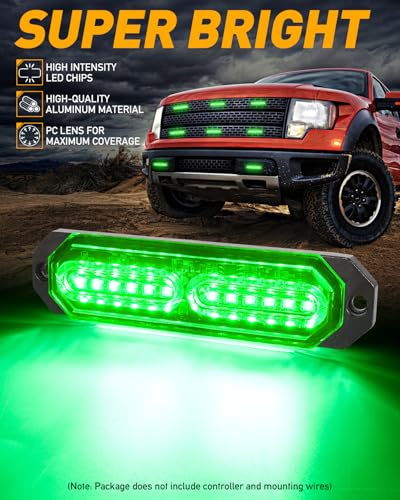 HLauto 1200T Emergency Strobe Grille Lights: 8pcs 12 LED Sync Feature Safety Warning Flashing Lights, Ultra Slim Surface Mount Hazard Caution Lights for Trucks, Vehicles, Car, ATV, UTV (Green) - color: Green