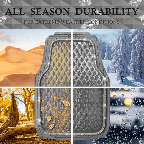 CAR PASS Bling Diamond Rubber Car Mats, Heavy Duty Deep Dish All-Weather Floor Mat Full Set Anti-Slip 3D Rhombus Waterproof Trim Fit Liner Universal Glitter Sparkly Shining Rhinestone, Gray Rubber - color: Gray Diamond