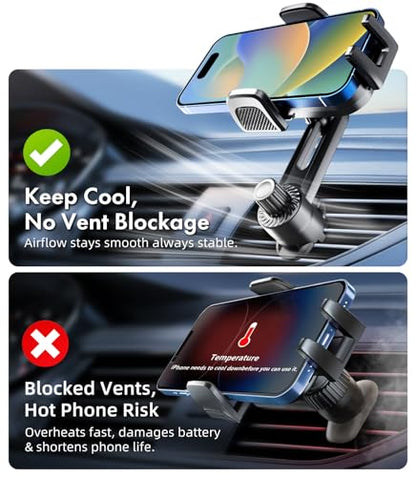 Car Phone Mount for Air Vent [Never Fall & 360° Adjustable] [Case Friendly | One-Hand Operation] Military-Grade Steel Hook Cell Phone Holder for Car Compatible with iPhone, Samsung, All 4–7” Phones