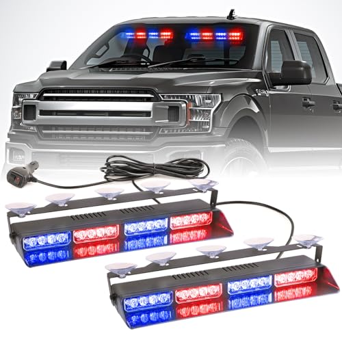 2 in 1 LED Emergency Dash Strobe Light Bar Front/Rear Windshield Safety Flashing Warning Hazard Interior Lights for Police Firefighter Construction Vehicles Trucks (2x14 inch, Blue/Red) - color: #04 Red/Blue